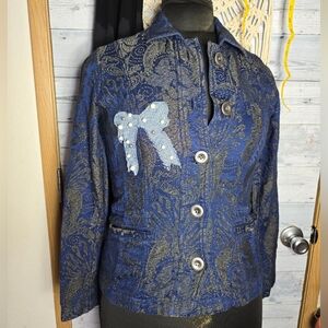 Vtg Blue Metallic Paisley Button-Up Blazer Jacket with Denim Bow Pearl Detail